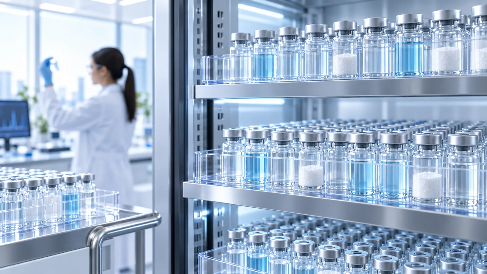 Illustrative shelves of unlabelled laboratory sample vials.