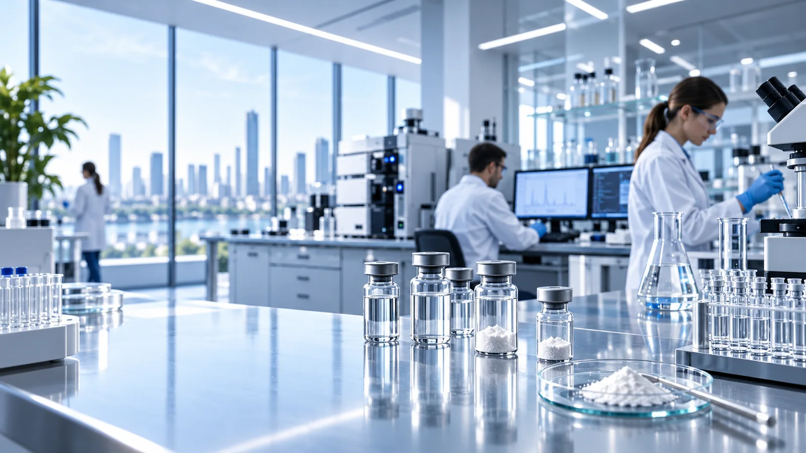 Illustrative analytical laboratory with unlabelled sample vials and laboratory instruments.