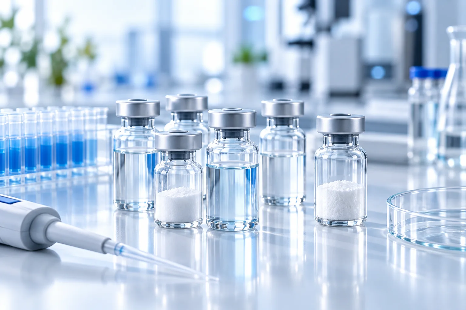 Unlabelled vials containing powder and liquid samples in an illustrative laboratory.