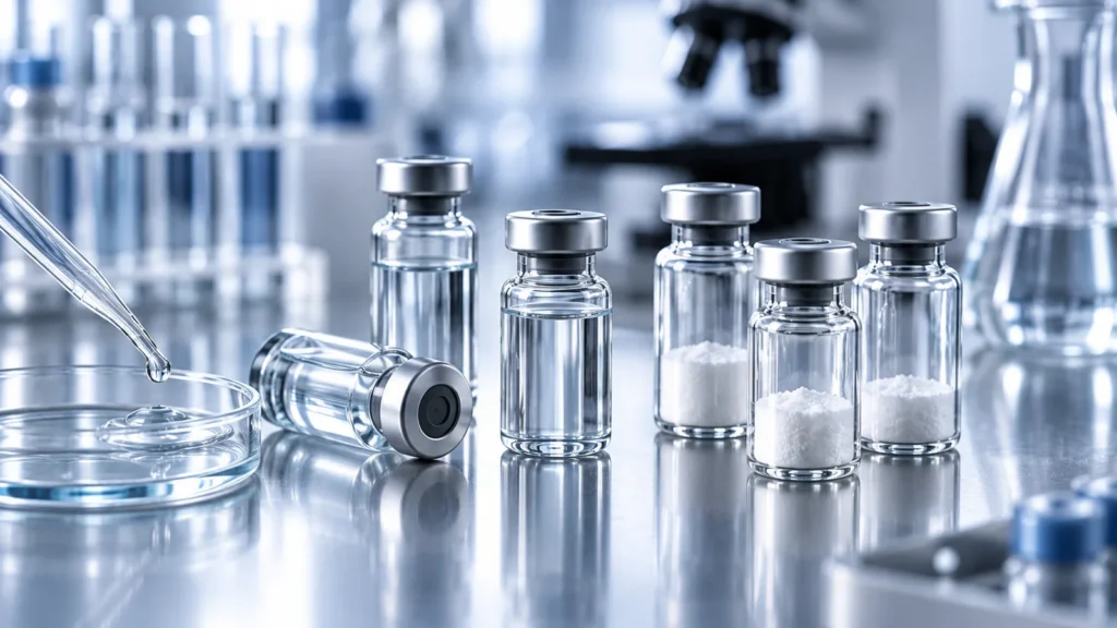 Unlabelled sample vials and a pipette on an illustrative laboratory bench.