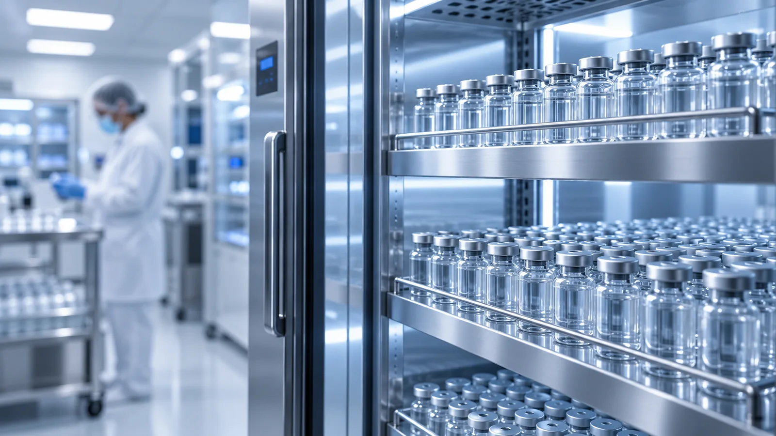 Unlabelled vials arranged in an illustrative laboratory storage cabinet.